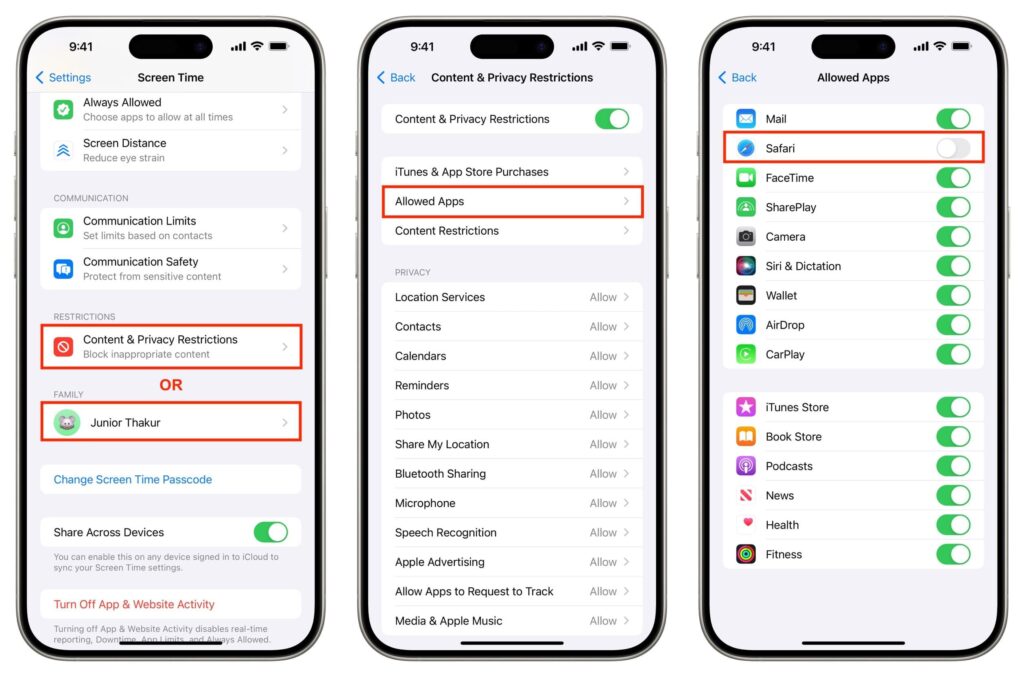 family sharing parental controls for safari website restriction on child iphone