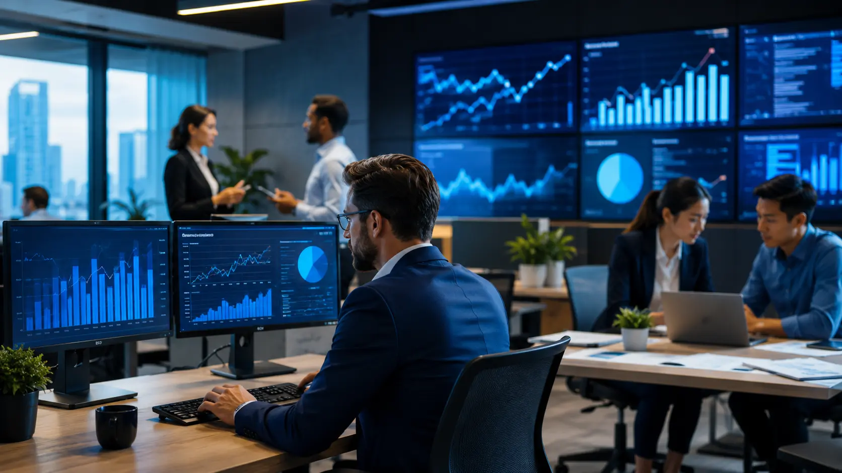 Professional digital marketing team analyzing SEO, PPC, and website analytics in a modern corporate office.