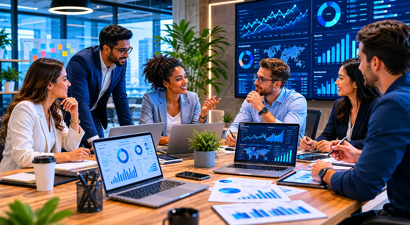 Digital marketing specialists discussing online growth strategies during a business meeting.