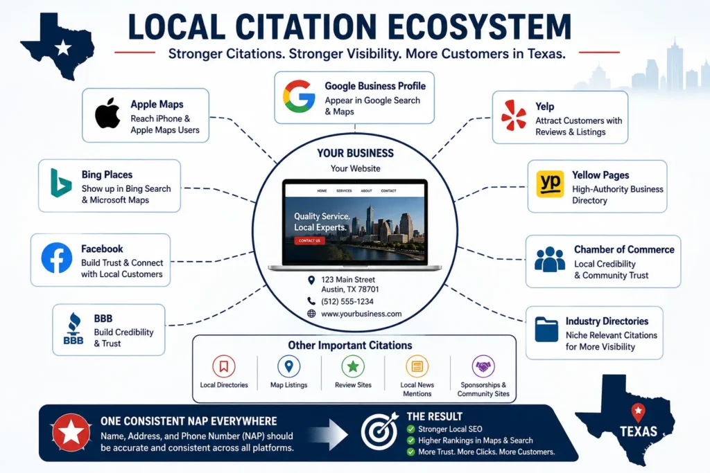 Local citation ecosystem supporting Texas local SEO