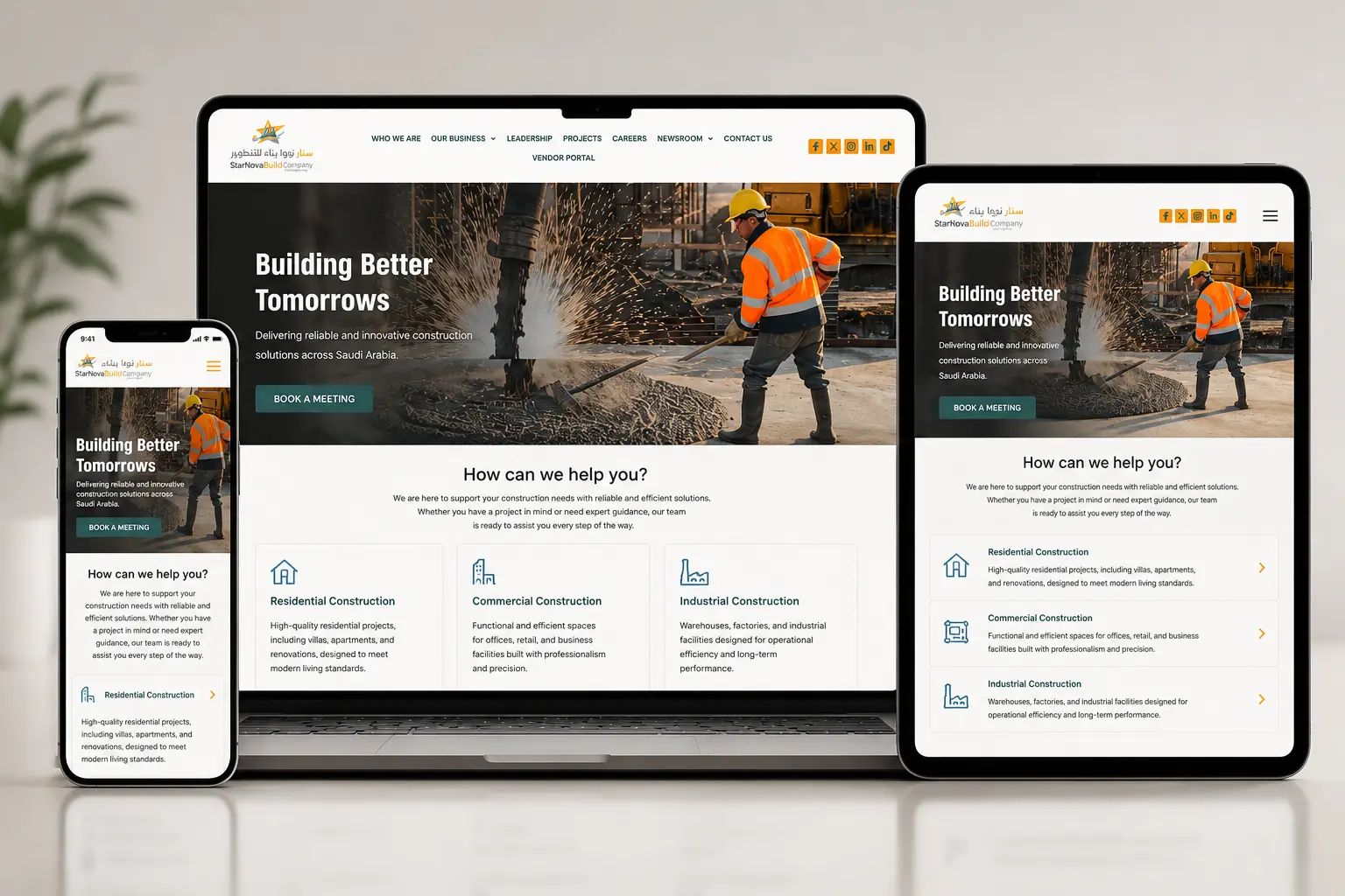 Star Nova Build responsive construction website design across desktop tablet and mobile