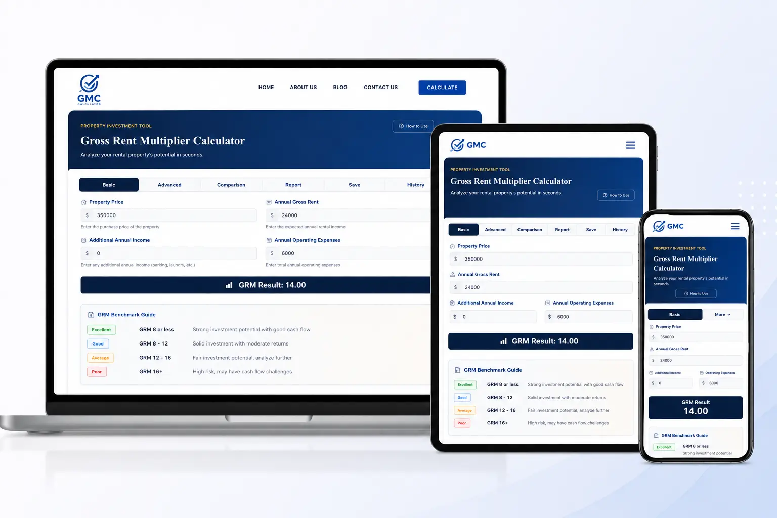 GrossRentMultiplier real estate investment calculator website desktop, tablet, and mobile view